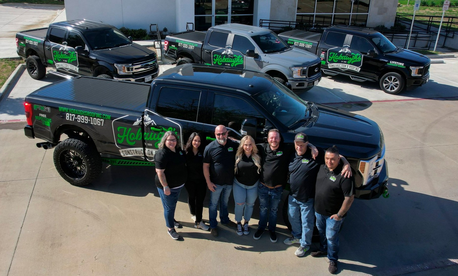Aerial view of completed roofing project